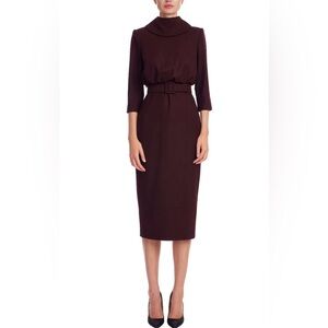 Badgley Mischka Wine Midi Dress Belted High Neck Elegant Cocktail size 6 NWT